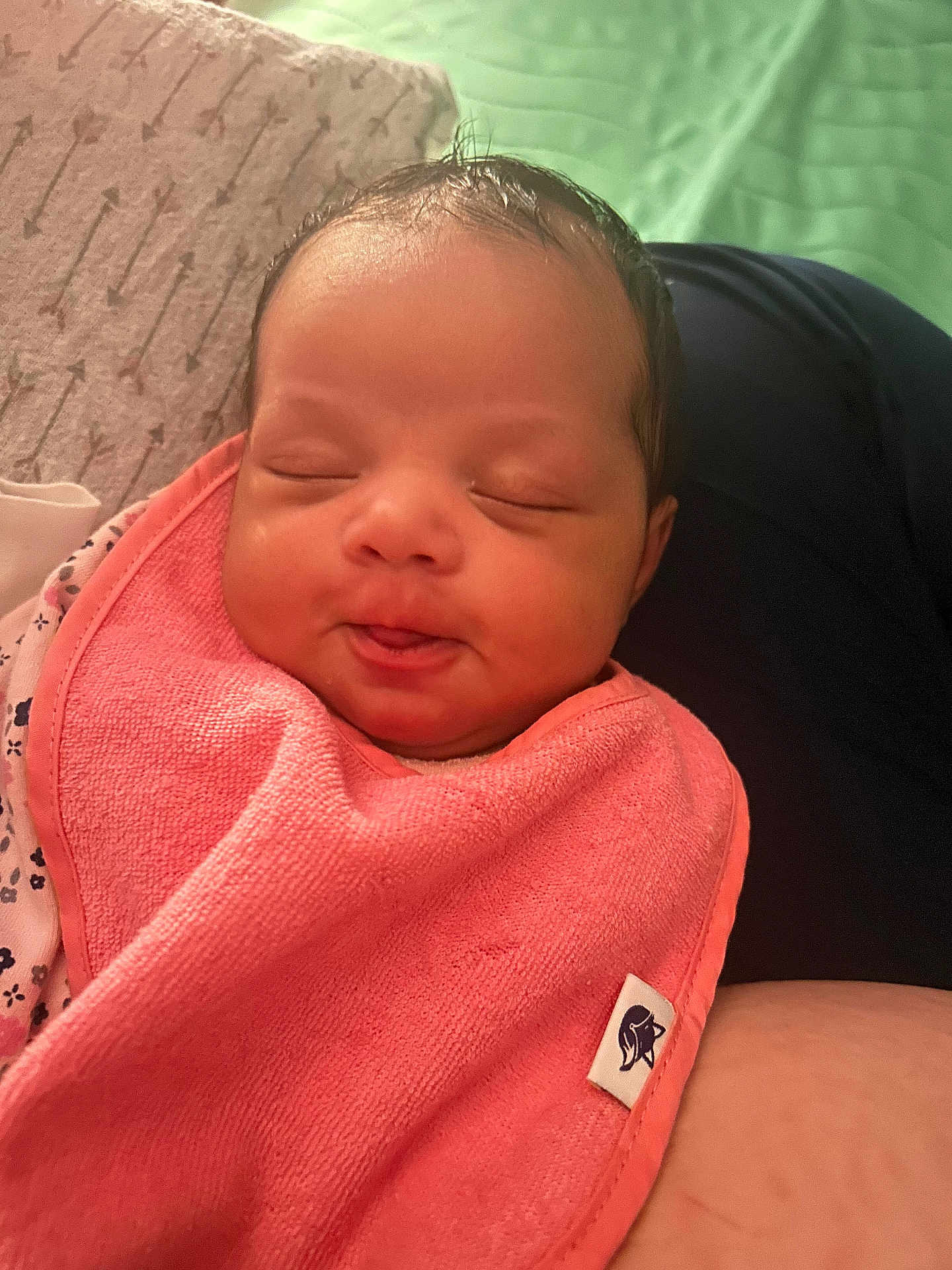 Alaya joined the competition — help win amazing prizes! baby, newborn, infant, pink_bib, sleeping, face, closed_eyes, soft_texture, comfort, cute, child, person, resting, indoors, closeup, skin, portrait, peaceful, adorable, cozy