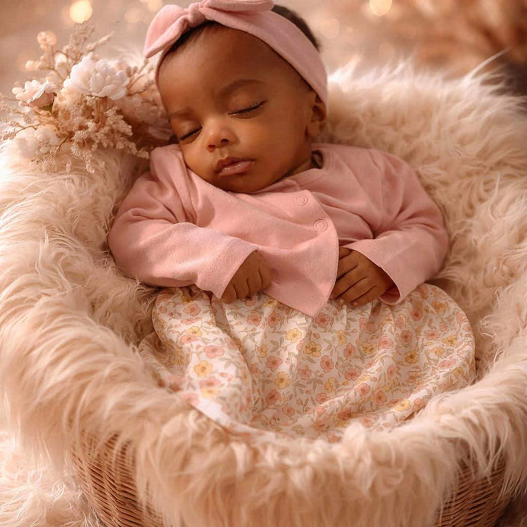 Seleste joined the competition — help win amazing prizes! baby, basket, blanket, bokeh, closed_eyes, cozy, floral_blanket, fur, headband, heart_bokeh, infant, newborn, peaceful, pink_outfit, plush, portrait, props, sleeping, soft_lighting, studio_photography