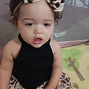 Aryiah joined the competition — help win amazing prizes! toddler, child, baby, headband, curly_hair, black_top, leopard_print, skirt, play_mat, indoor, portrait, person, cute, young_child, sitting, infant, face, hand, clothing, expression