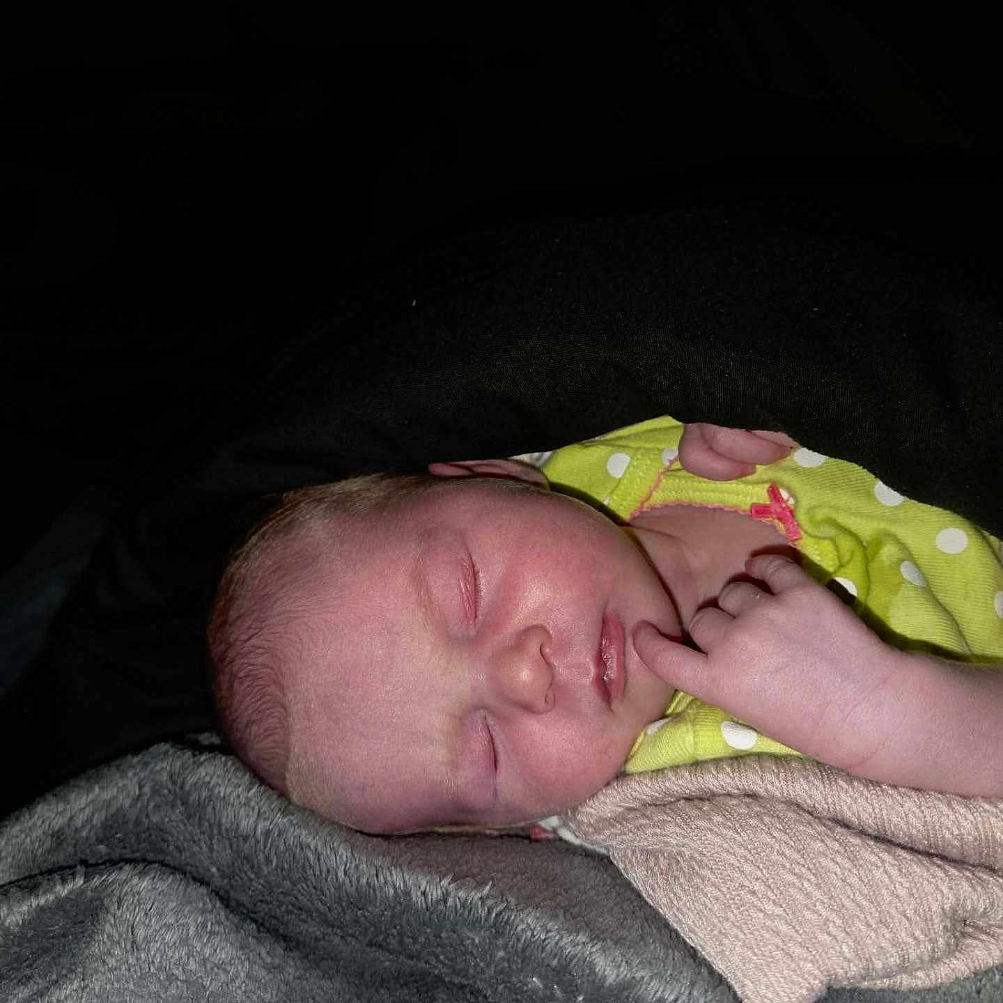 Grace joined the competition — help win amazing prizes! newborn, baby, sleeping, blanket, infant, face, hand, cozy, soft_lighting, polka_dot, green_clothing, nap, peaceful, portrait, cute, child, indoors, skin, resting, toddler