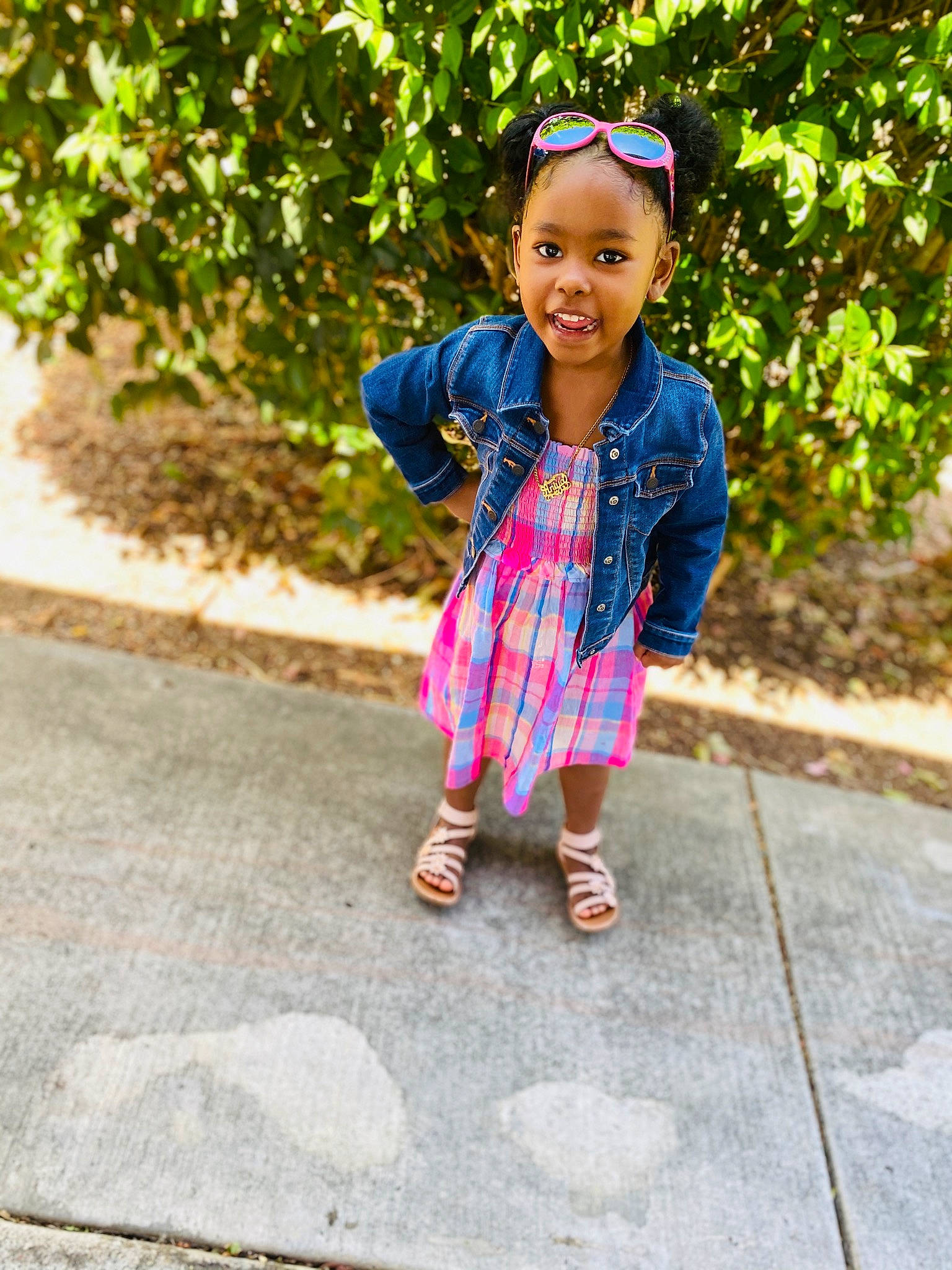 Aniya is registered to the contest to win money with this photo: blue, child, child_model, denim, dress, ear, electric_blue, hair_accessory, headgear, joy, outerwear, pattern, people, person, pink, play, shoe, smile, textile, toddler