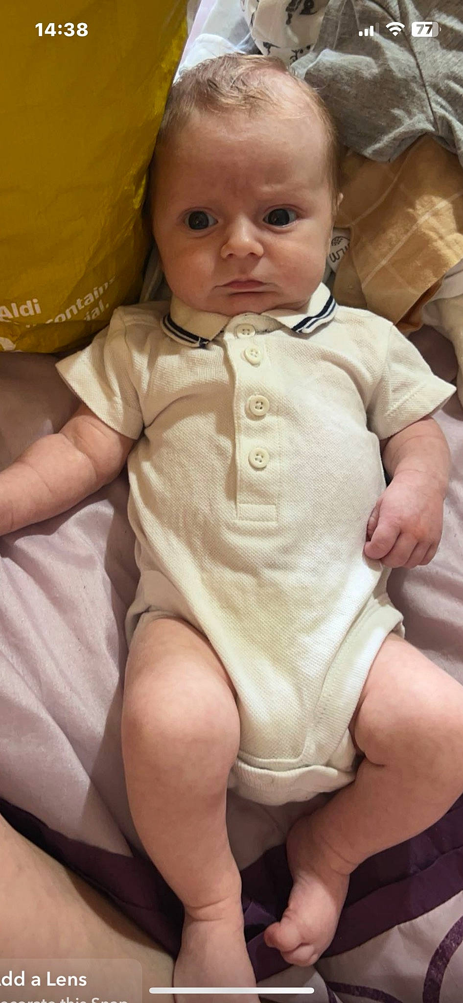 Elijah is registered to the contest to win money with this photo: baby, baby_toddler_clothing, cheek, chest, child, collar, comfort, eyelash, finger, head, human_body, lip, mouth, nose, person, skin, sleeve, stomach, thigh, thumb