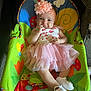 Cali is registered to the contest to win money with this photo: baby, child, infant, smiling, tutu, dress, headband, flower, rocker, colorful, cute, happy, sitting, footwear, white_shoes, indoors, portrait, playful, person, young_child