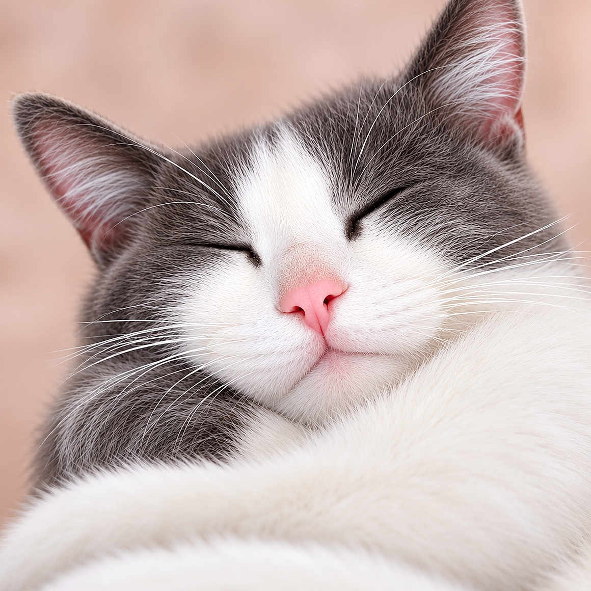 Méli a rejoint le concours — aidez-le/la à gagner de superbes lots ! cat, sleeping, close_up, portrait, gray_and_white, furry, whiskers, pink_nose, ears, closed_eyes, peaceful, cute, fluffy, pet, animal, relaxed, indoor, soft_lighting, peach_background, photography