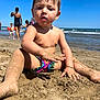 Kayden participe au concours pour gagner de l'argent avec cette photo : toddler, sand, beach, ocean, water, child, sunny, sky, waves, swimwear, barefoot, playing, summer, outdoor, vacation, people, family, sitting, nature, daytime