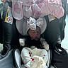 baby, baby_girl, black, blanket, bow, car_seat, child, clothing, cozy, cute, indoor, infant, newborn, pacifier, person, pink, resting, safety_harness, sleeping, white