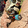 cat, stuffed_toy, blanket, plush, bed, colorful, indoor, cozy, paw, fur, playful, toy, fabric, patterned, resting, soft, home, cute, animal, relaxed