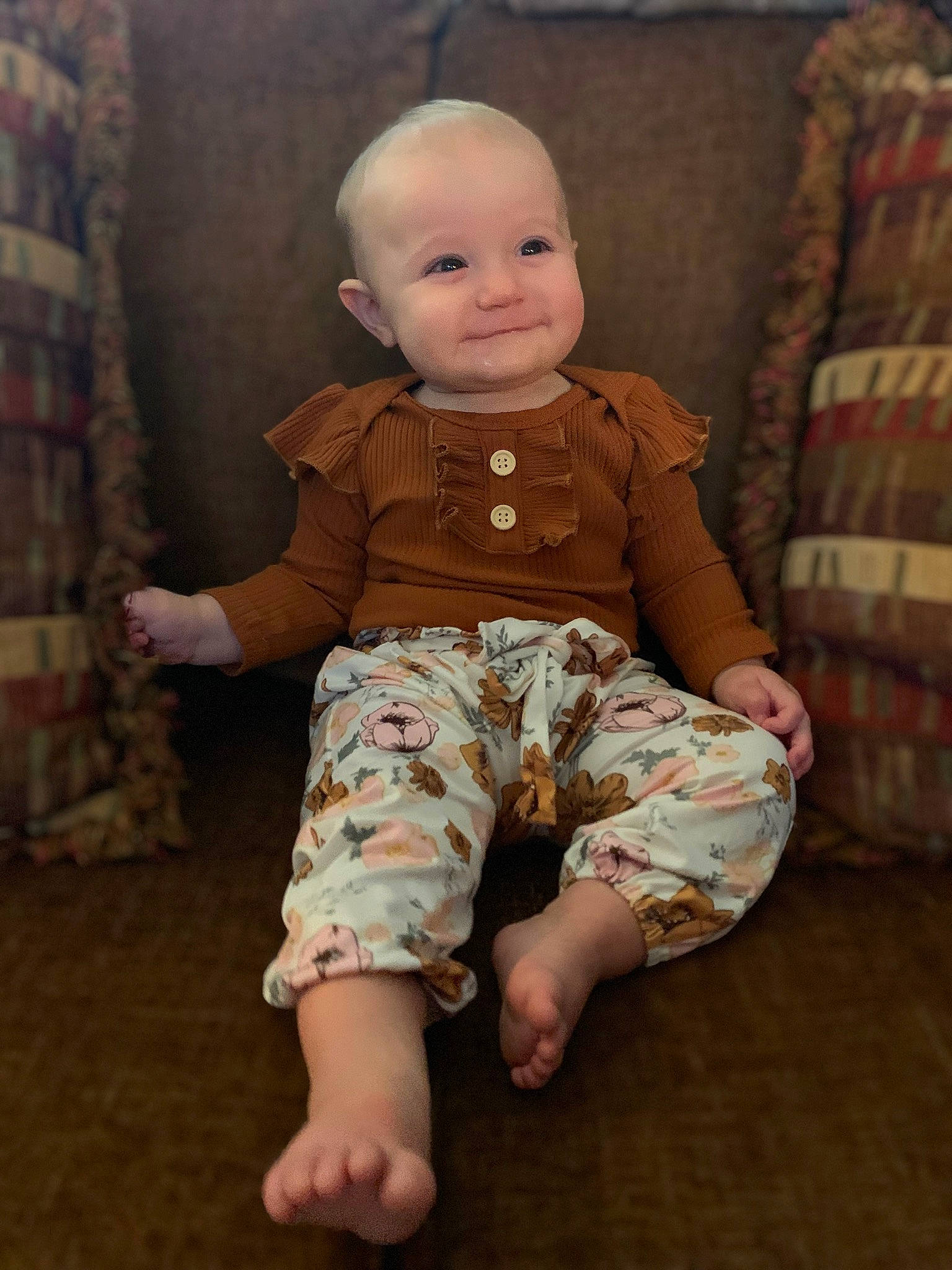 Adley is registered to the contest to win money with this photo: baby, baby_toddler_clothing, barefoot, cheek, child, comfort, flooring, foot, human_body, human_leg, joint, joy, neck, person, pink, skin, sleeve, smile, standing, thigh