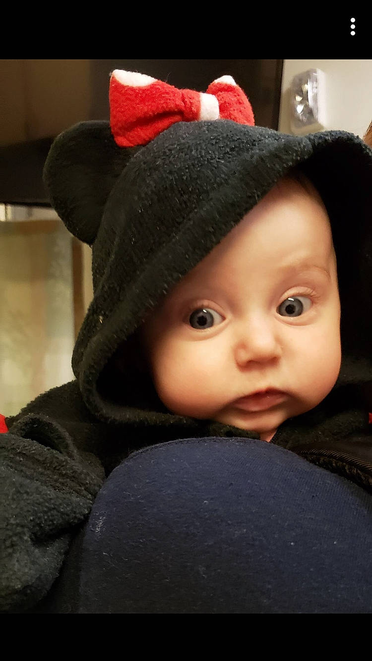 Aubree is registered to the contest to win money with this photo: baby, beanie, black_hair, bonnet, cap, cheek, child, ear, hat, headgear, knit_cap, lip, person, skin, toddler