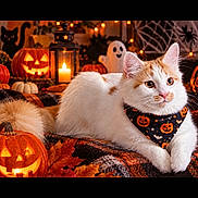 Lola is registered to the contest to win money with this photo: cat, kitten, white_cat, orange_patches, pet, animal, halloween, pumpkin, jack_o_lantern, ghost_decoration, candle, lantern, bandana, spooky, festive, indoor, blanket, lying_down, portrait, screenshot