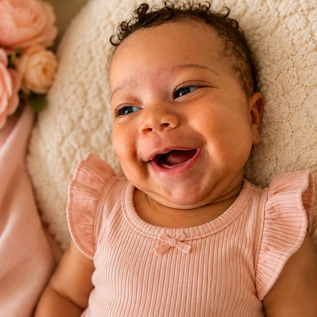 Aulani joined the competition — help win amazing prizes! baby, smiling, pink_dress, curly_hair, face, child, blanket, flowers, happy, portrait, infant, cute, skin, person, indoors, closeup, soft_light, cozy, toddler, natural