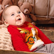 Romane a rejoint le concours — aidez-le/la à gagner de superbes lots ! baby, child, smiling, red_sweater, reindeer_design, wooden_crate, blanket, teddy_bear, blue_eyes, happy, indoor, cozy, portrait, holiday, cute, soft_toys, knitwear, infant, warm, relaxed