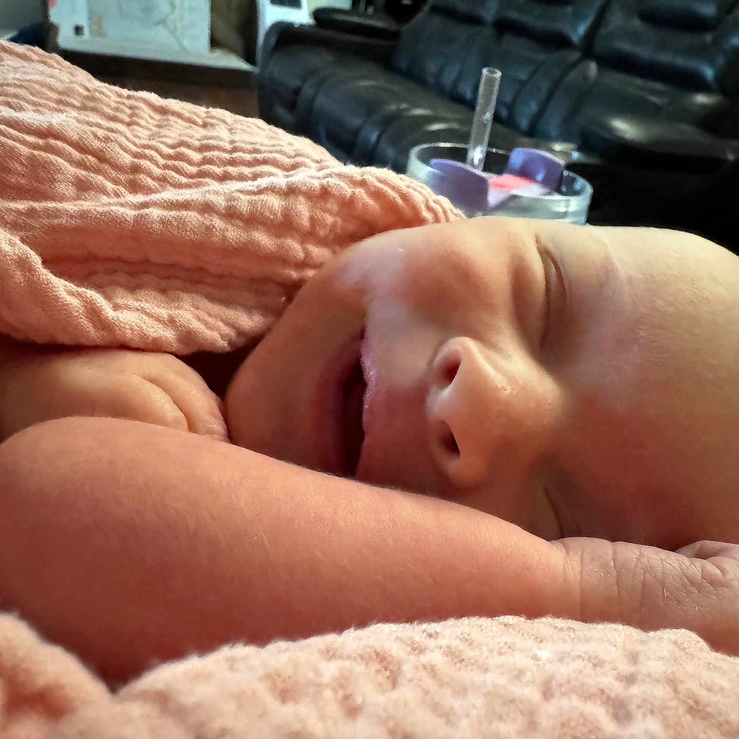 Evelyn Mae joined the competition — help win amazing prizes! baby, sleeping, blanket, pink, closeup, infant, face, hand, cozy, living_room, couch, leather, soft, peaceful, child, rest, comfort, portrait, home, newborn