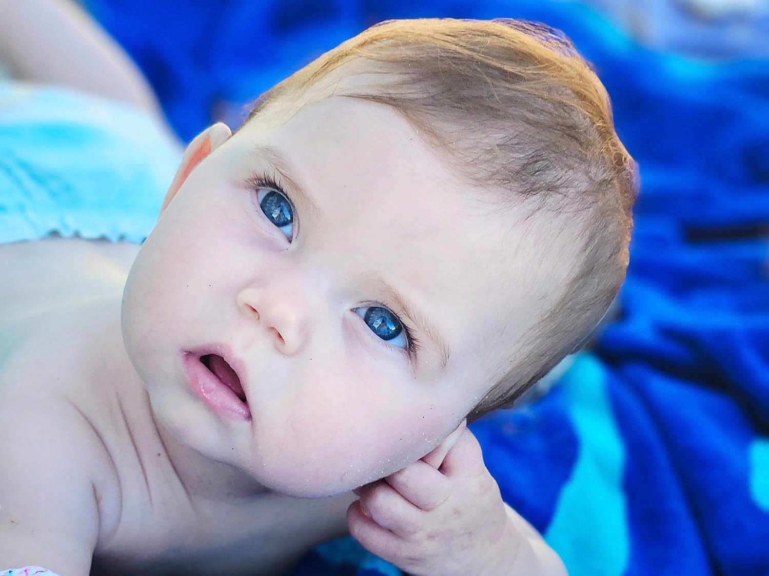 Iris participe au concours pour gagner de l'argent avec cette photo : baby, child, blue_eyes, close_up, curious, infant, looking_up, hand, face, skin, expression, blanket, soft_light, portrait, young, cute, innocence, outdoor, focus, head