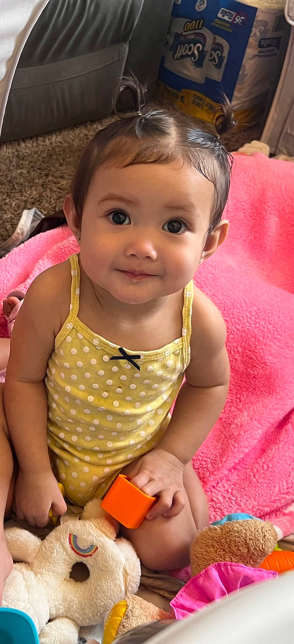 Ariella joined the competition — help win amazing prizes! baby, baby_toddler_clothing, cheek, child, chin, eyelash, facial_expression, fun, hairstyle, happy, head, iris, joy, lip, nose, person, pink, sitting, skin, smile