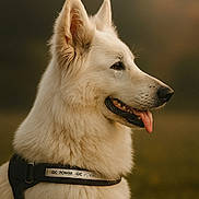 Mirko a rejoint le concours — aidez-le/la à gagner de superbes lots ! dog, white_dog, fluffy_fur, profile_view, outdoor, nature, harness, tongue_out, pet, animal, canine, closeup, portrait, warm_light, soft_background, grass, ears_up, alert, friendly, mammal