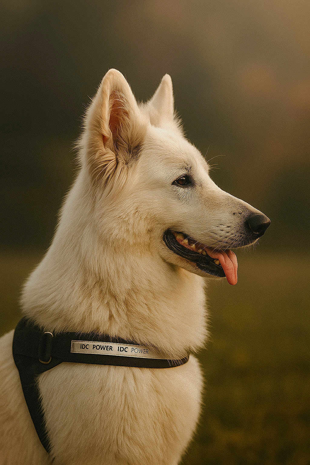 Mirko a rejoint le concours — aidez-le/la à gagner de superbes lots ! dog, white_dog, fluffy_fur, profile_view, outdoor, nature, harness, tongue_out, pet, animal, canine, closeup, portrait, warm_light, soft_background, grass, ears_up, alert, friendly, mammal
