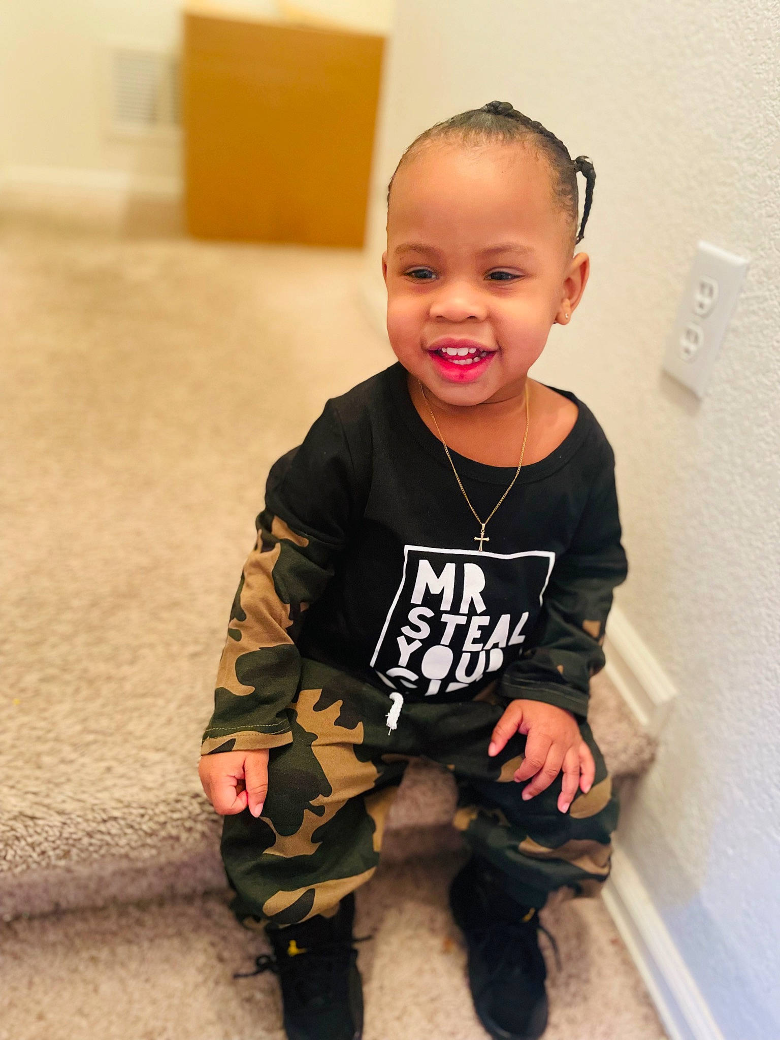 Jamier joined the competition — help win amazing prizes! arm, baby_toddler_clothing, cool, facial_expression, floor, flooring, hairstyle, happy, human_body, joy, knee, neck, outerwear, person, shoulder, skin, sleeve, smile, sportswear, t_shirt