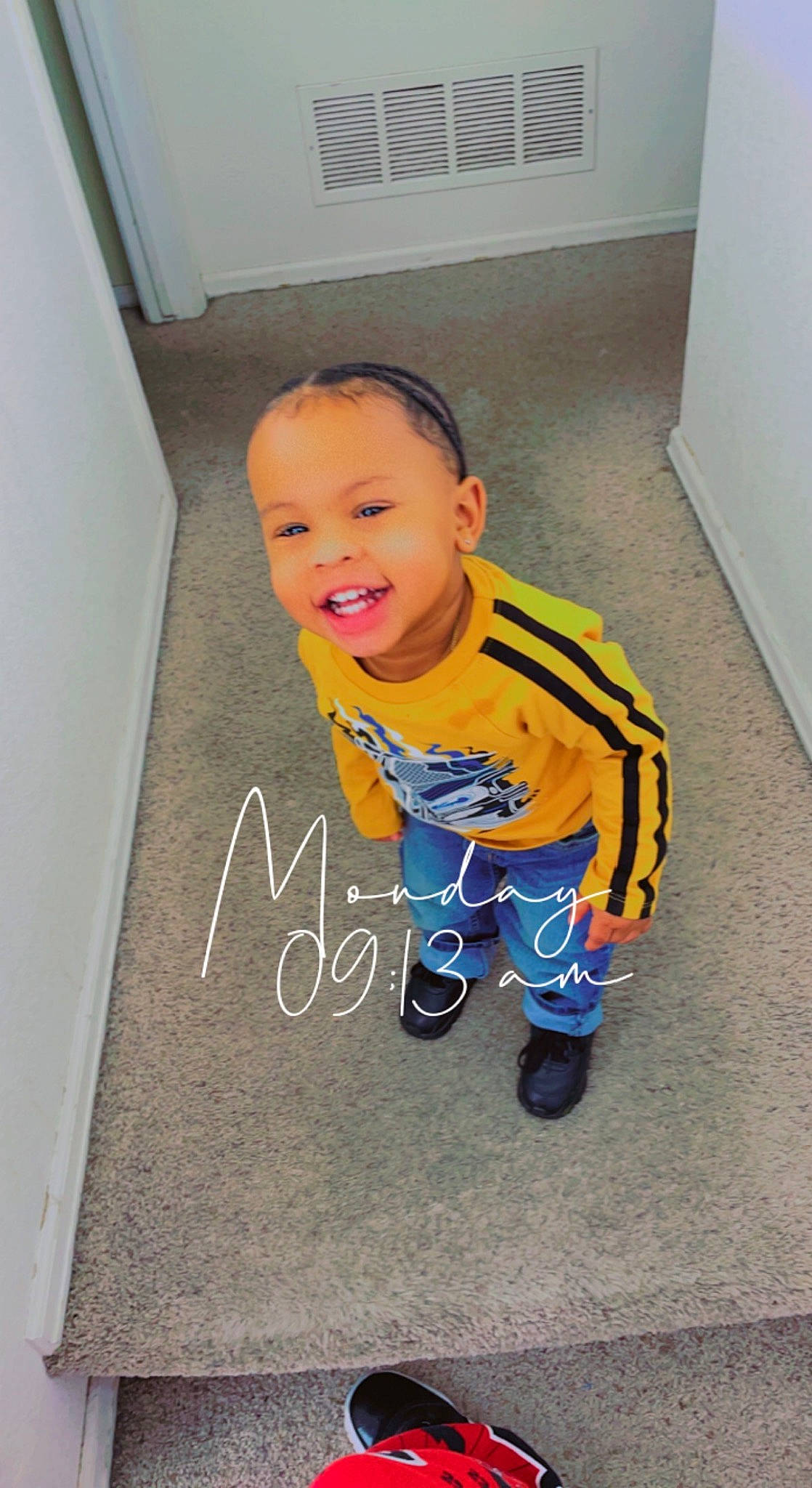 Jamier joined the competition — help win amazing prizes! asphalt, baby, baby_toddler_clothing, child, concrete, electric_blue, floor, flooring, fun, handwriting, happy, hardwood, joy, person, room, sitting, sleeve, smile, standing, t_shirt