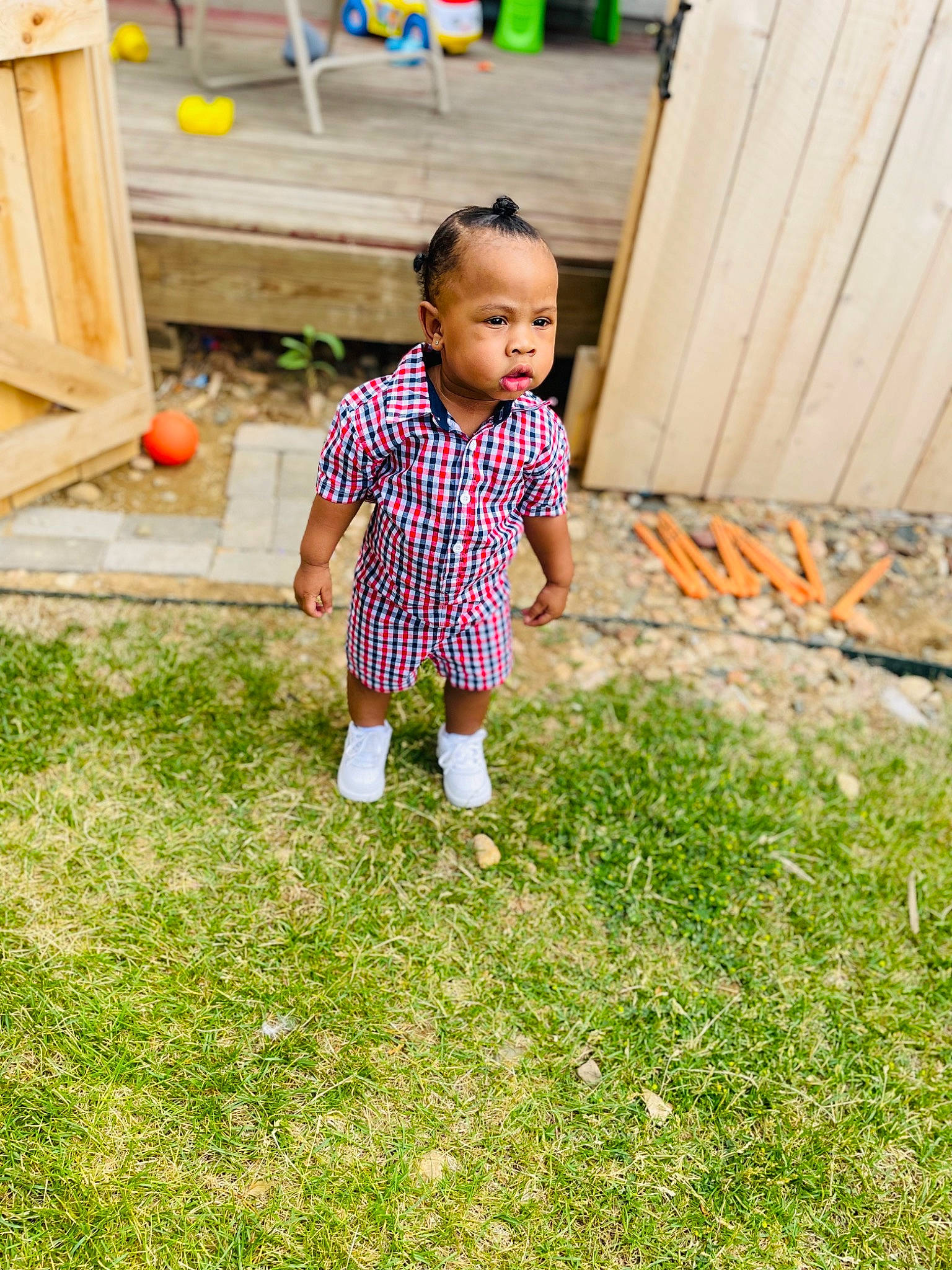 Jamier joined the competition — help win amazing prizes! baby, baby_toddler_clothing, child, fun, garden, grass, happy, lawn, leisure, pattern, people_in_nature, person, plant, recreation, shorts, sitting, t_shirt, toddler, tree, water