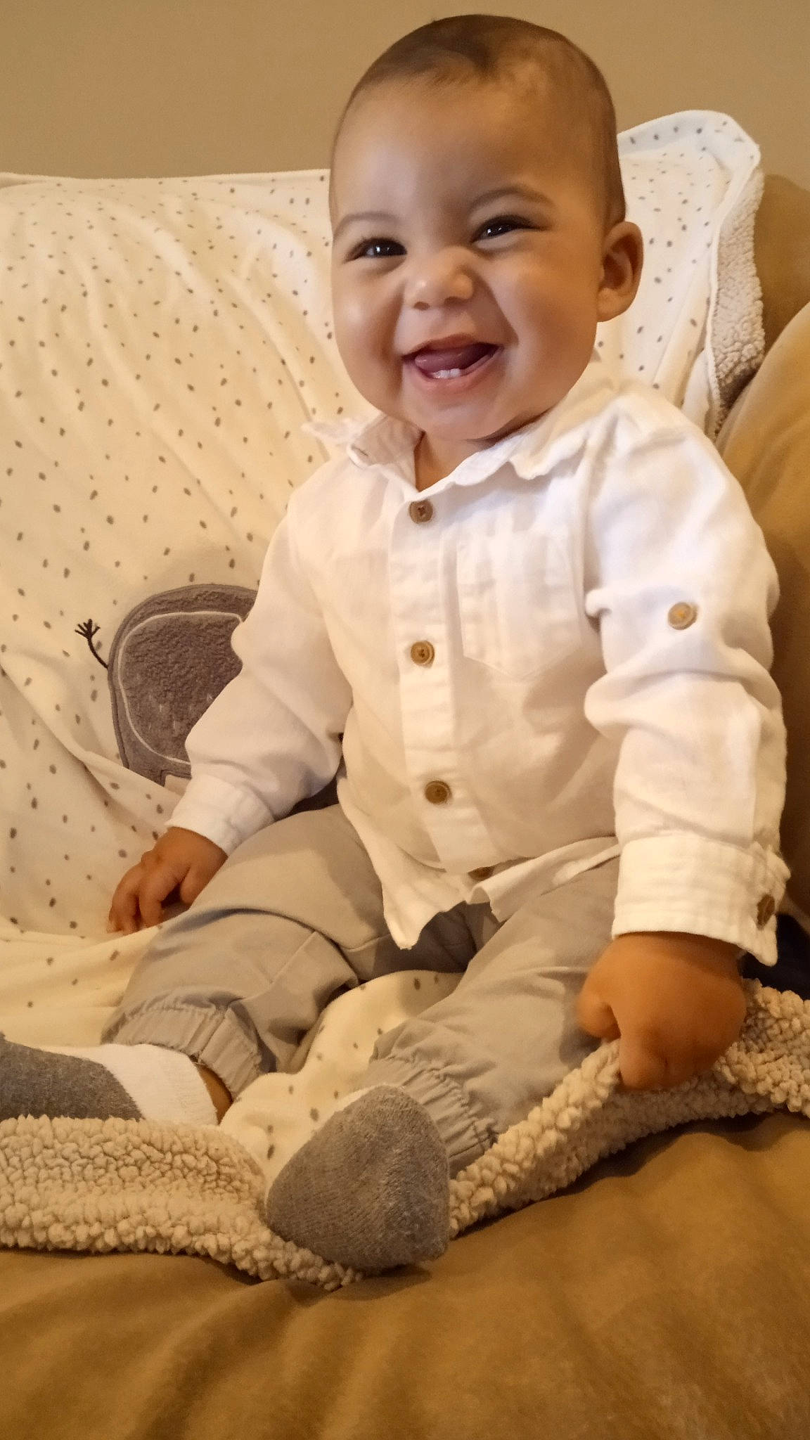 Jakob joined the competition — help win amazing prizes! baby, beige, cheek, child, face, facial_expression, joy, person, sitting, skin, sleeve, smile, toddler
