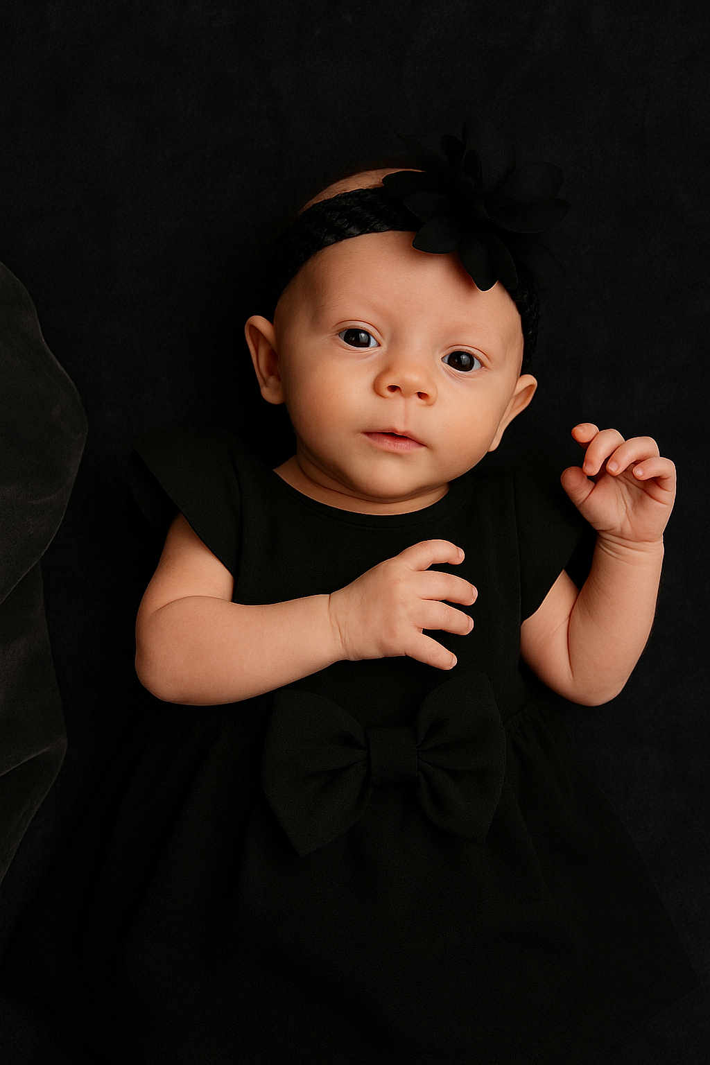 Lilith joined the competition — help win amazing prizes! baby, infant, black_dress, headband, bow, portrait, closeup, cute, child, newborn, person, skin, face, hands, eyes, fashion, studio, dark_background, elegant, posing