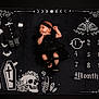 baby, infant, black_dress, headband, milestone_blanket, skull, coffin, bats, crystals, months, one_month, lying_down, peaceful, gothic, dark_theme, portrait, cute, newborn, decorative_blanket, baby_milestone