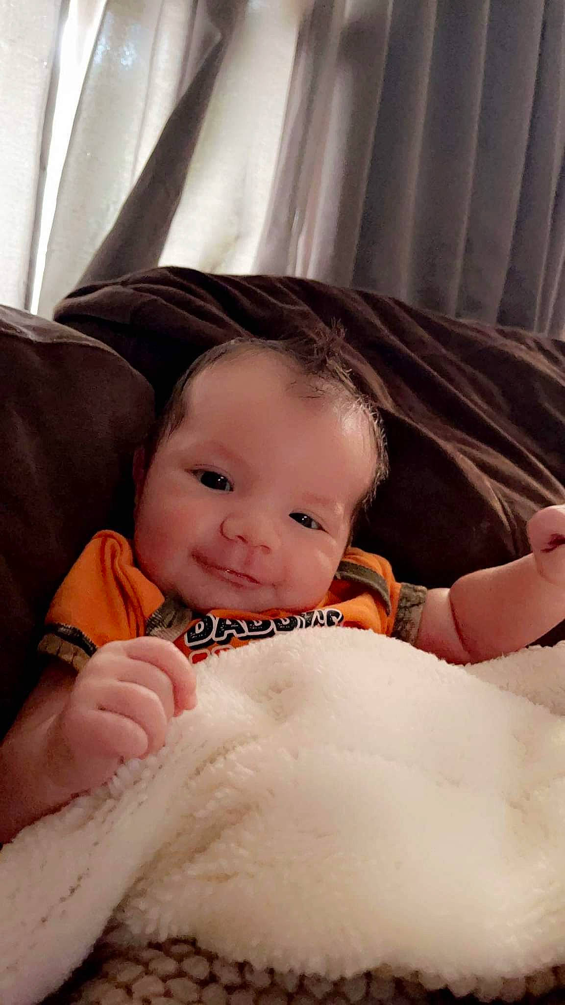 Parker joined the competition — help win amazing prizes! arm, baby, baby_toddler_clothing, cheek, child, comfort, curtain, eye, face, finger, fun, hand, happy, iris, linens, lip, nose, person, skin, smile