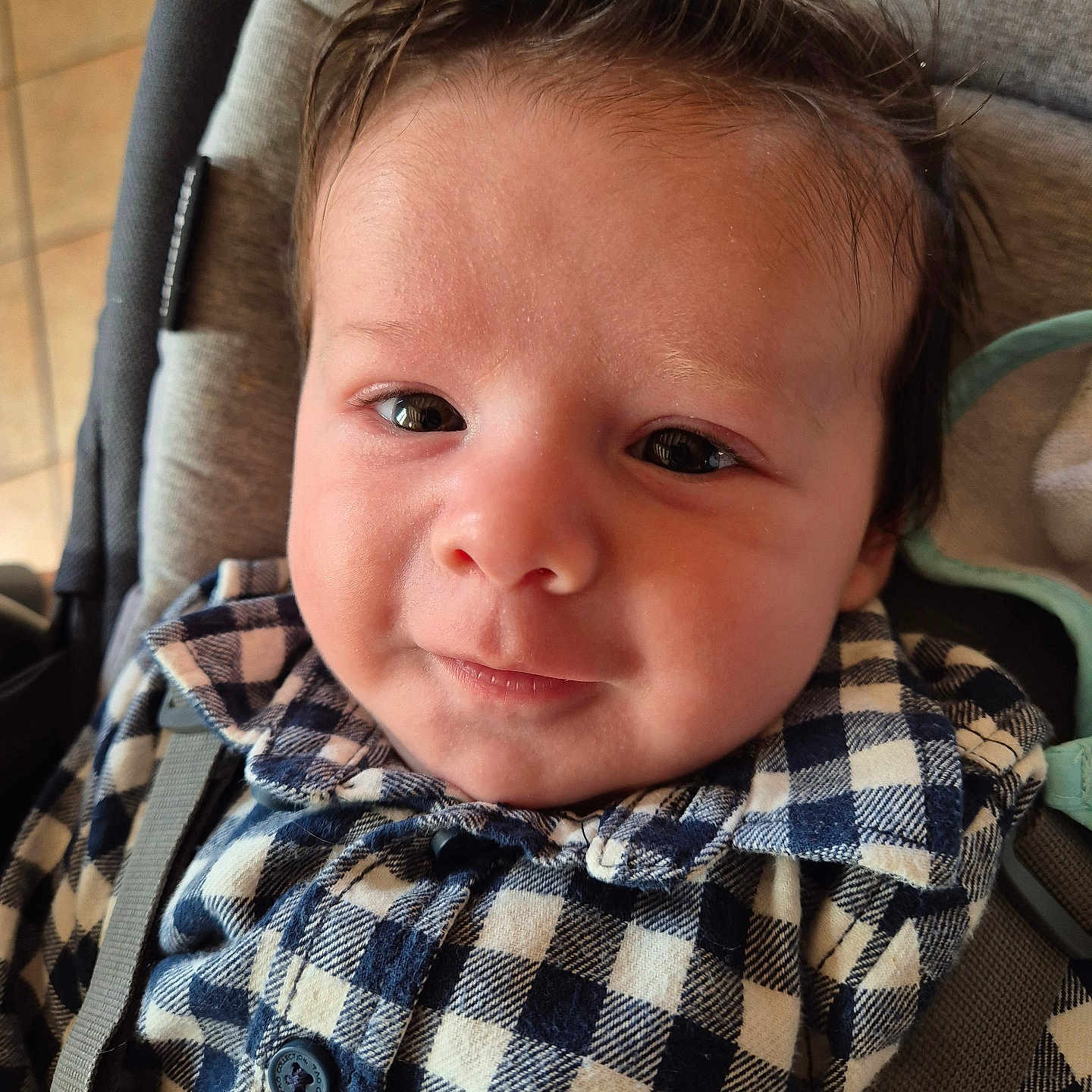 Alan participe au concours pour gagner de l'argent avec cette photo : baby, child, face, portrait, infant, clothing, checkered_shirt, seat, cushion, closeup, hair, smile, indoors, cute, person, young_child, eyes, head, expression, buttoned_shirt