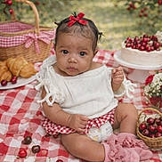 Natalie is registered to the contest to win money with this photo: baby, infant, portrait, picnic, picnic_blanket, gingham_pattern, red_bow, head_ribbon, cherries, basket, cake, croissant, plate, flowers, outdoor, grass, sitting, cute, food, curious_expression