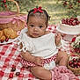 baby, infant, portrait, picnic, picnic_blanket, gingham_pattern, red_bow, head_ribbon, cherries, basket, cake, croissant, plate, flowers, outdoor, grass, sitting, cute, food, curious_expression
