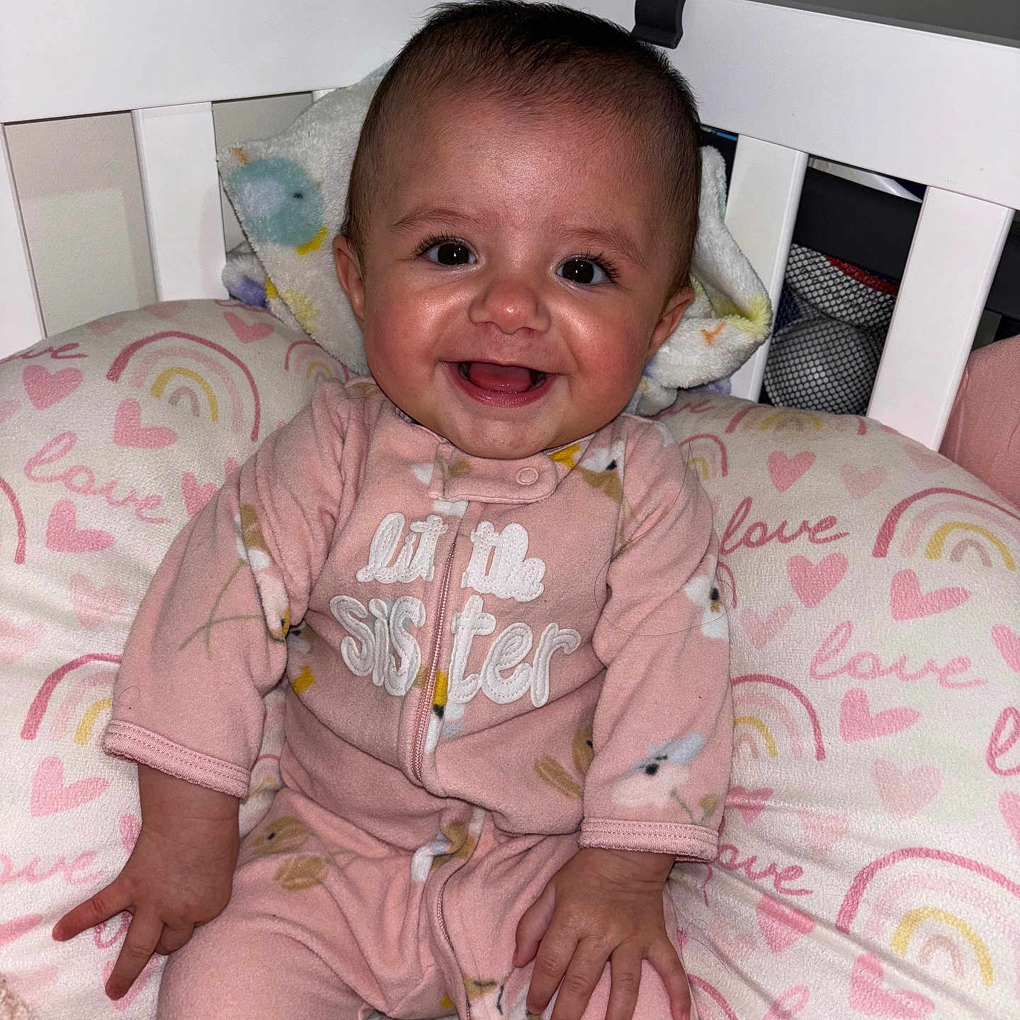 Isabella is registered to the contest to win money with this photo: baby, babylaughing, bed, clothing, couch, crib, cushion, face, furniture, happy, head, homedecor, indoors, infantbed, laughing, pajamas, person, photography, portrait, quilt