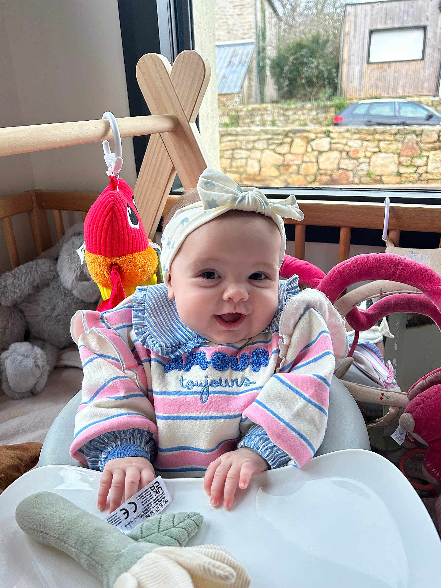 Charlie participe au concours pour gagner de l'argent avec cette photo : baby, smiling, high_chair, headband, striped_clothing, toy, stuffed_animal, indoor, window, car, stone_wall, child, happy, person, toddler, seat, plaything, furniture, cute, infant