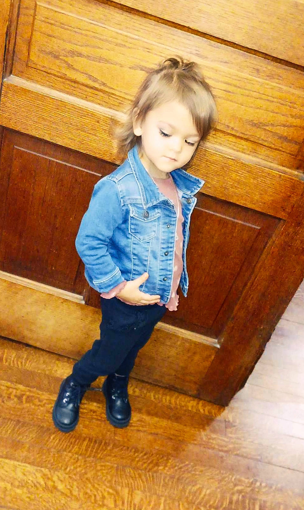Alianna joined the competition — help win amazing prizes! denim, eye, floor, flooring, footwear, hair, hairstyle, happy, hardwood, head, human_body, jeans, outerwear, person, sleeve, smile, standing, thigh, toddler, waist
