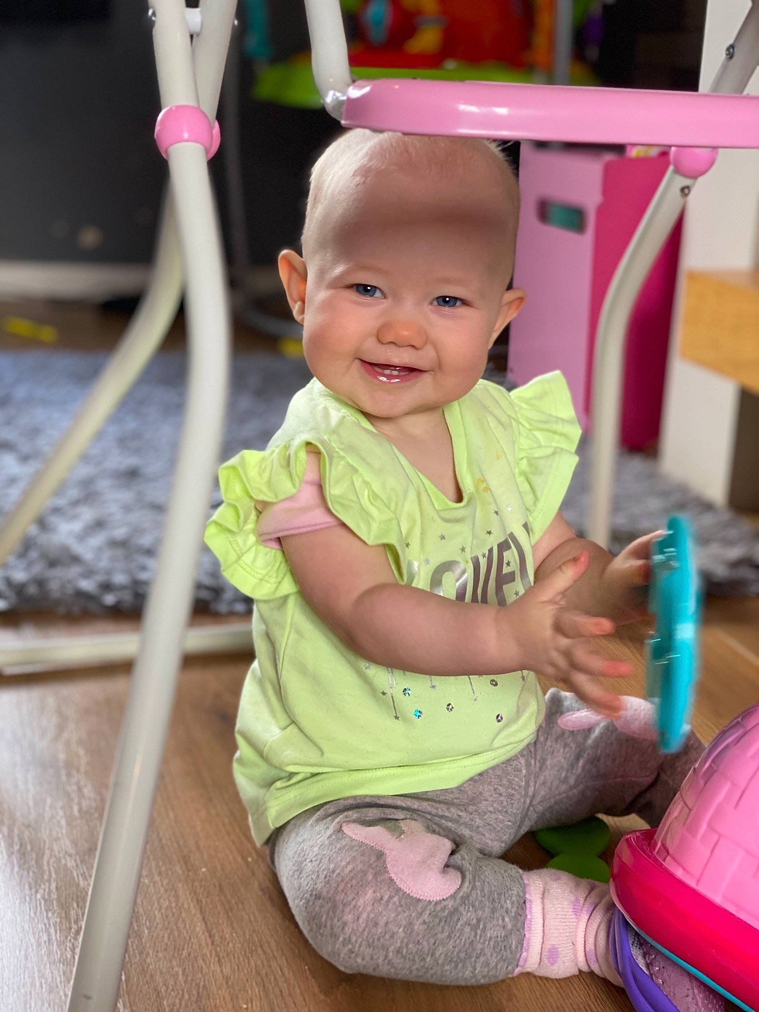 Jorgie joined the competition — help win amazing prizes! baby, child, fun, headwear, joy, person, pink, play, sitting, skin, smile, toddler, vacation