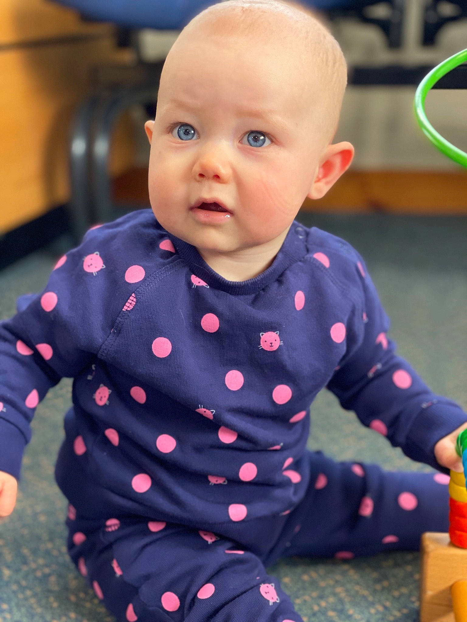 Jorgie joined the competition — help win amazing prizes! baby, baby_toddler_clothing, cheek, child, design, eye, face, head, outerwear, pattern, person, pink, play, polka_dot, skin, sleeve, smile, toddler