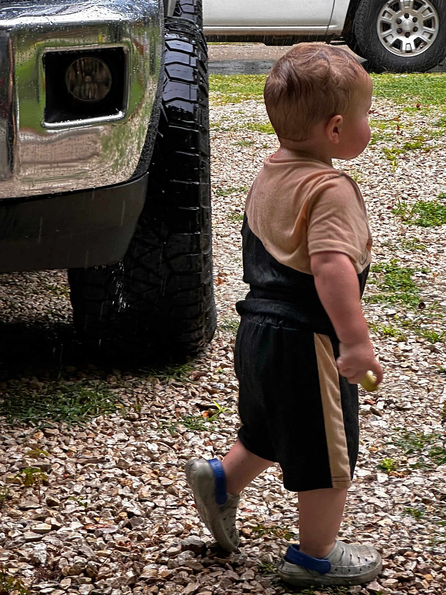 Kyle is registered to the contest to win money with this photo: toddler, child, side_view, shorts, crocs, gravel, outdoor, vehicle, truck, tire, walking, curly_hair, casual_clothing, daytime, nature, grass, small_person, young_child, exploring, profile