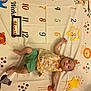 baby, child, infant, milestone_blanket, numbers, animal_illustrations, orange_clothing, headband, green_shorts, floor, playmat, star_marker, months, weeks, cute, lying_down, colorful, patterned, smiling, indoors