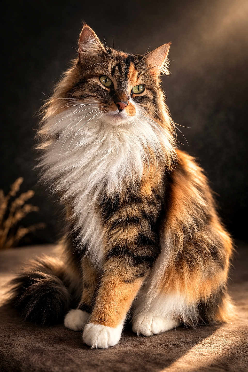 Rouxy a rejoint le concours — aidez-le/la à gagner de superbes lots ! cat, calico, long_hair, fluffy, green_eyes, tabby, white_paws, sitting, feline, whiskers, paw, tail, fur, closeup, portrait, studio_lighting, detailed, cute, pet, indoors