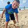 child, boy, beach, sand, shovel, ocean, waves, blue_sky, clouds, playing, summer, vacation, smiling, shorts, tshirt, barefoot, people, sunny, outdoor, fun