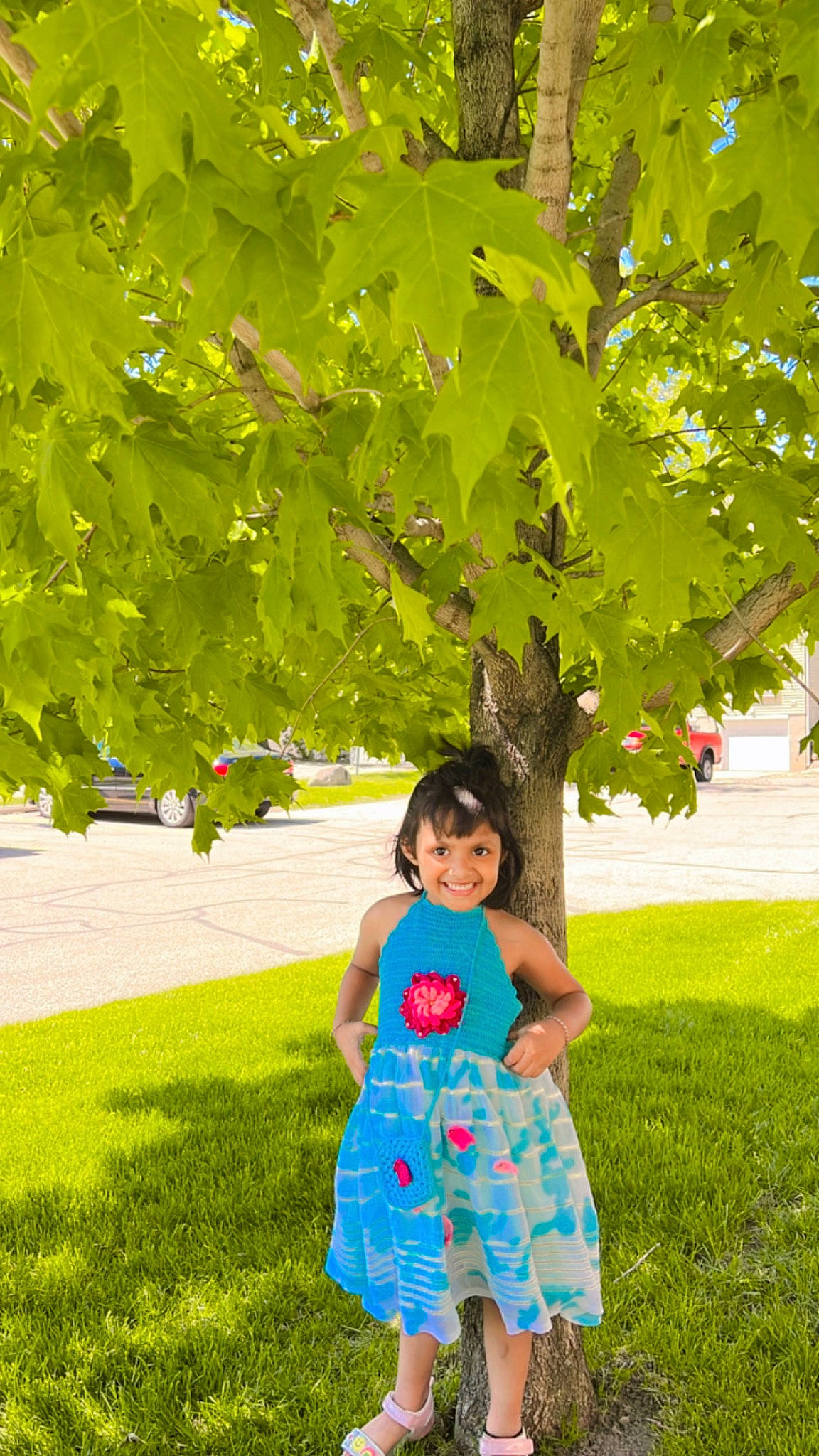 Advika joined the competition — help win amazing prizes! baby_toddler_clothing, botany, branch, electric_blue, grass, grassland, green, happy, joy, lawn, leaf, leisure, people_in_nature, person, plant, recreation, smile, tints_and_shades, toddler, tree