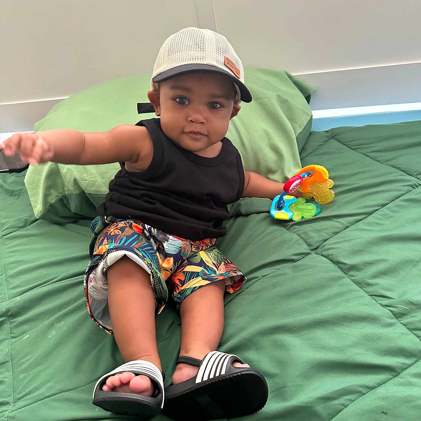 Chosen Walter joined the competition — help win amazing prizes! baseballcap, boy, cap, child, clothing, couch, face, footwear, furniture, hat, head, male, person, photography, portrait, sandal, shoe, shorts, sitting, toy