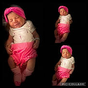 Isabella joined the competition — help win amazing prizes! baby, newborn, infant, pink_headband, pink_shorts, white_onesie, sleeping, collage, portrait, cute, peaceful, child, soft_lighting, studio, black_background, small_hands, small_feet, clothing, person, adorable