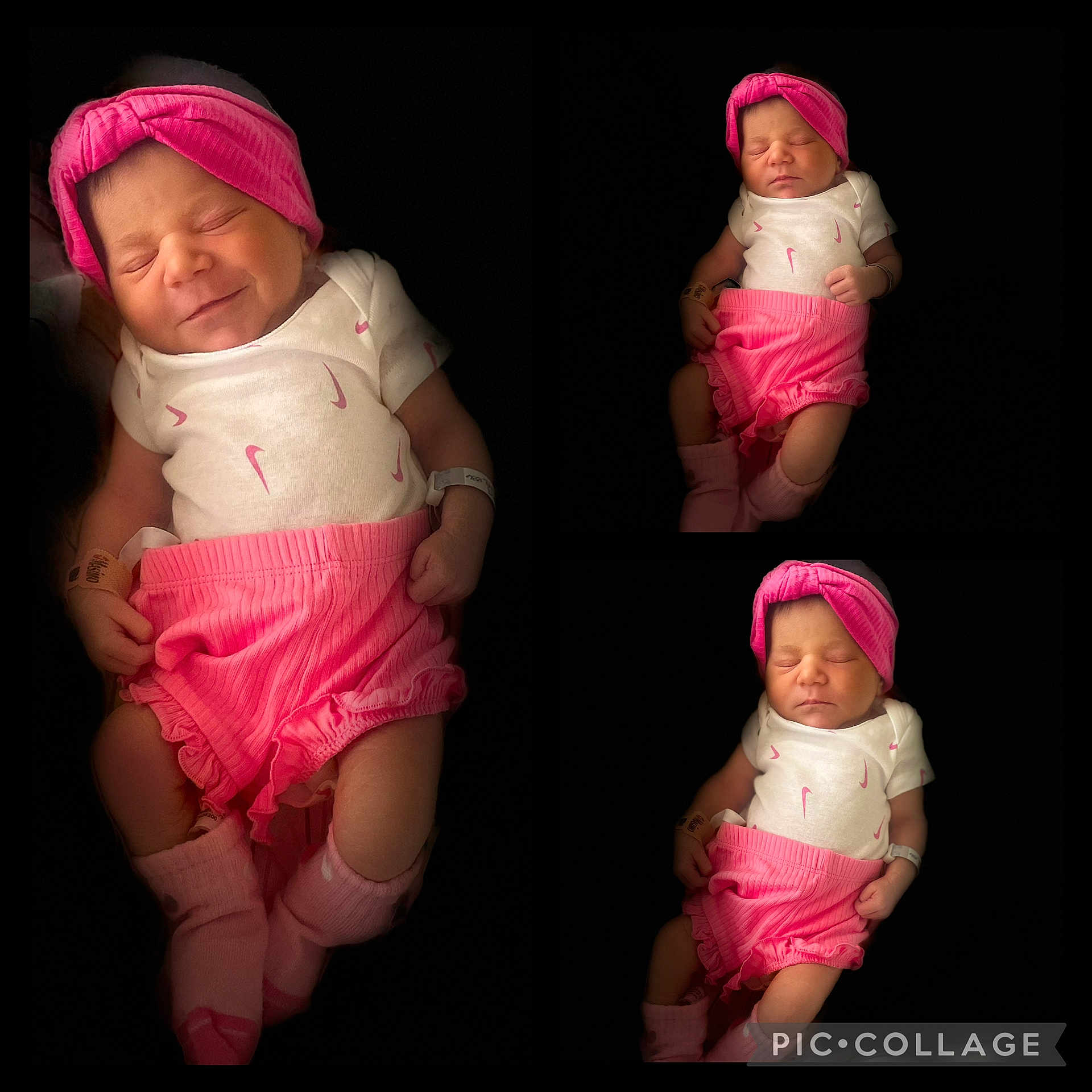 Isabella joined the competition — help win amazing prizes! baby, newborn, infant, pink_headband, pink_shorts, white_onesie, sleeping, collage, portrait, cute, peaceful, child, soft_lighting, studio, black_background, small_hands, small_feet, clothing, person, adorable