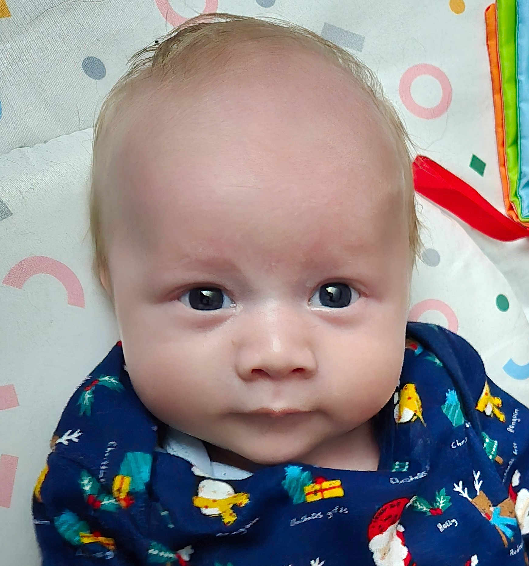 Eric joined the competition — help win amazing prizes! baby, infant, face, close_up, blue_clothing, holiday_print, patterned_blanket, curious, wide_eyes, skin, head, cheeks, indoors, portrait, young_child, child, cute, expression, colorful, soft