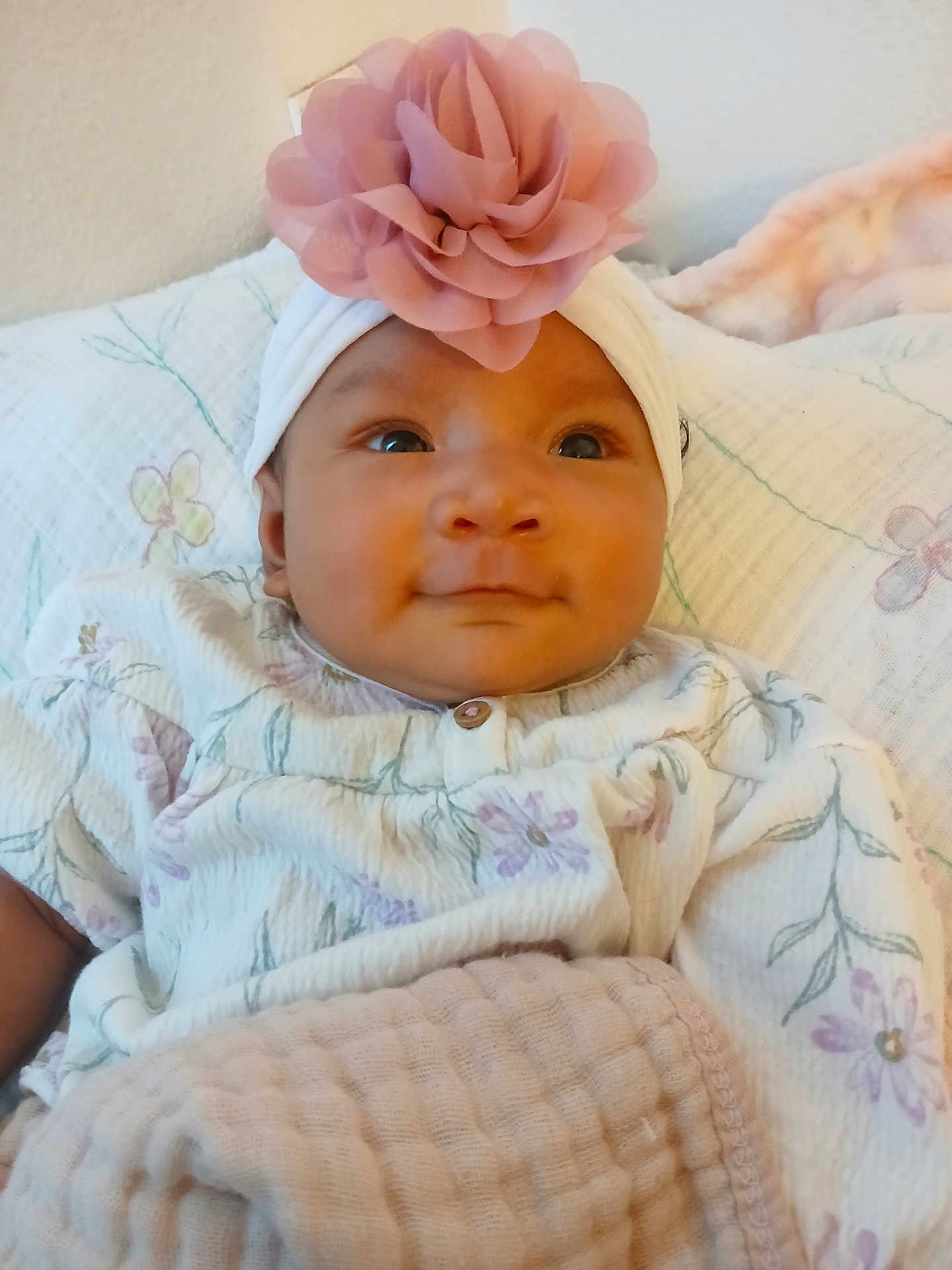 Azaylah joined the competition — help win amazing prizes! baby, blanket, blanket_wrap, child, clothing, cozy, curious, cute, face, floral, flower, headband, indoors, infant, newborn, person, pink, portrait, smile, soft_texture