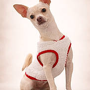 Dobby is registered to the contest to win money with this photo: dog, chihuahua, pet, animal, studio_portrait, sweater, white_sweater, red_trim, sitting, tilted_head, large_ears, paws, short_fur, cute, small_dog, adorable, looking_at_camera, neutral_background, indoor, canine