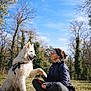 Aïko a rejoint le concours — aidez-le/la à gagner de superbes lots ! dog, white_dog, woman, outdoor, grass, trees, blue_sky, sunny, leash, sitting, nature, casual_clothing, headband, happy, pet, friendship, paw, smiling, park, animal