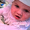 baby, child, face, sand, sandy_face, white_clothing, hat, towel, outdoor, beach, curious, closeup, rosy_cheeks, infant, person, cute, expression, young_child, sunhat, portrait