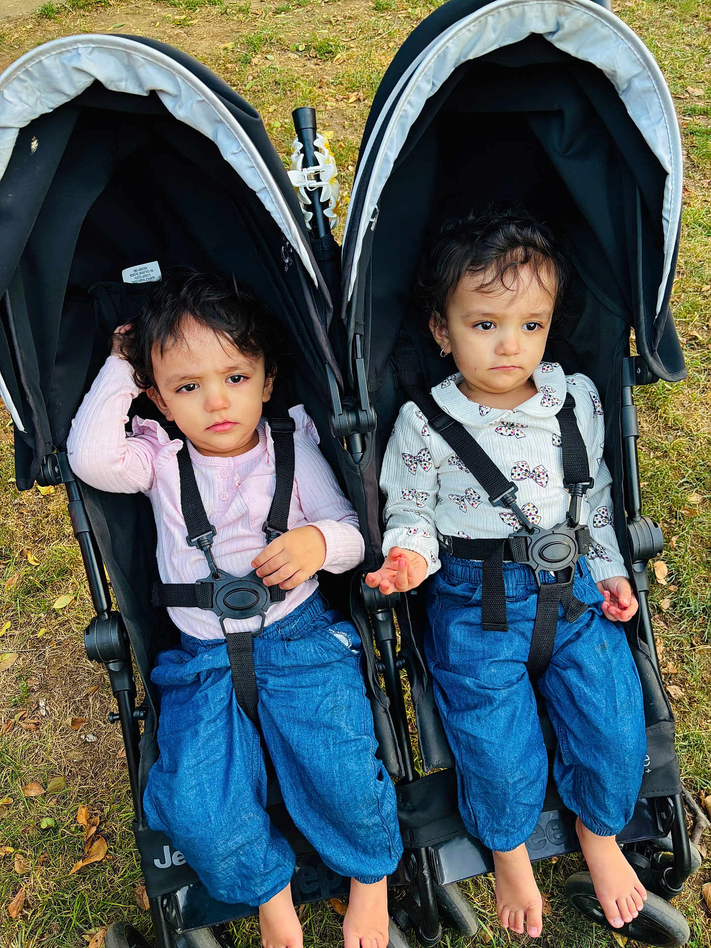 Tara is registered to the contest to win money with this photo: toddler, child, stroller, outdoor, grass, blue_pants, long_sleeve, barefoot, curly_hair, matching_outfits, seatbelt, playground, park, person, two_children, serious_expression, daylight, nature, casual_clothing, sitting